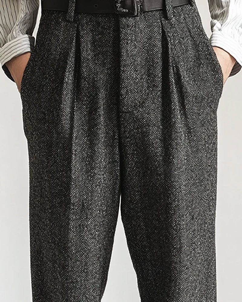 Retro-style Blended Double-pleated Straight-leg Trousers
