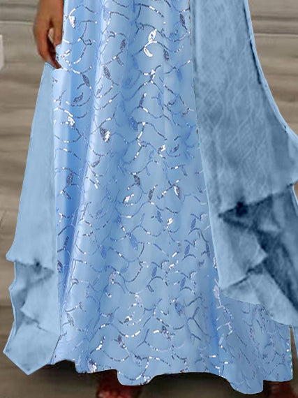 Women's Long Sleeve V-neck Graphic Printed Two Pieces Maxi Dress