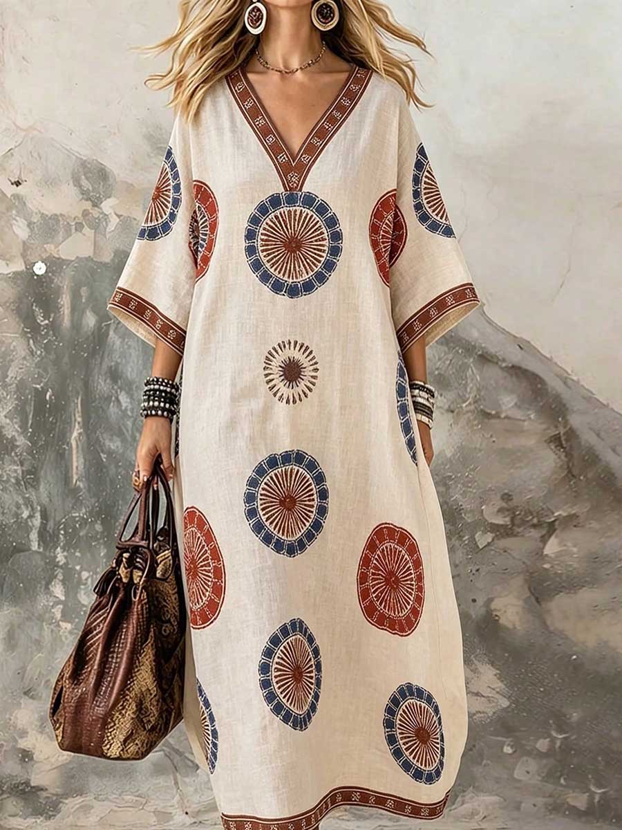 Women's Retro Geometric Print V-neck 3/4-sleeve Casual Loose Cotton-linen Dress
