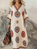 Women's Retro Geometric Print V-neck 3/4-sleeve Casual Loose Cotton-linen Dress
