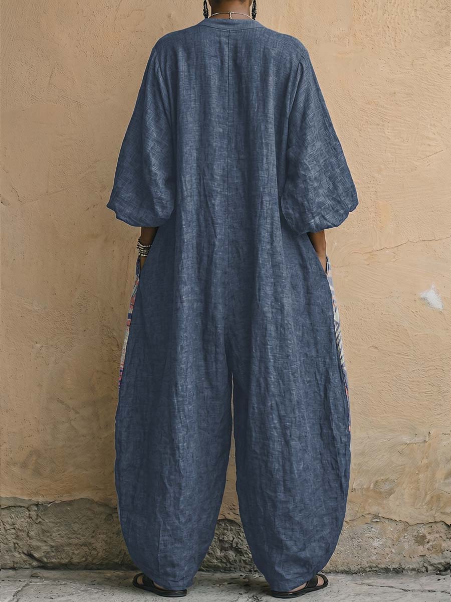 Colorful Botanical Leaf Decorative Patterns Women's Long Sleeve V Collar Cotton Linen Jumpsuit