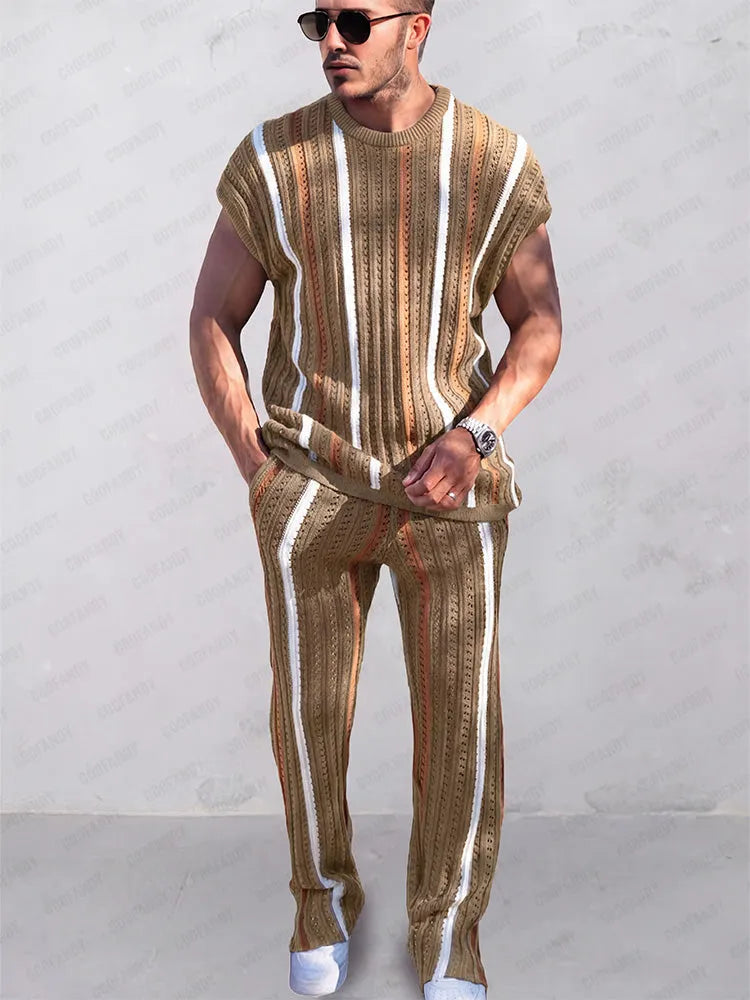 Trendy Stripes Openwork Knit Set