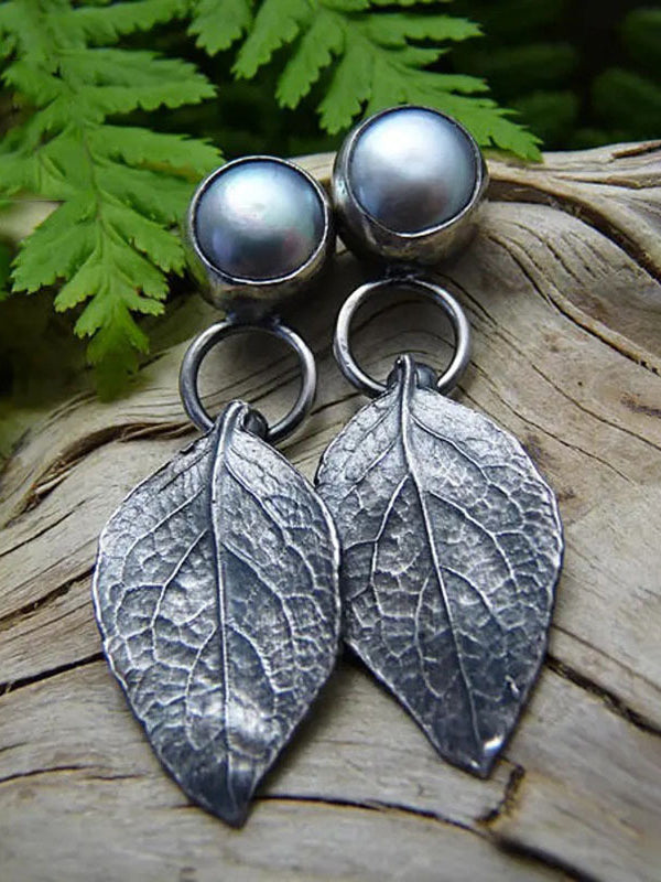 Vintage Ethnic Style Natural Leaf Earrings with Gray Pearl and Antique Distressed Finish