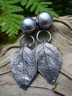 Vintage Ethnic Style Natural Leaf Earrings with Gray Pearl and Antique Distressed Finish