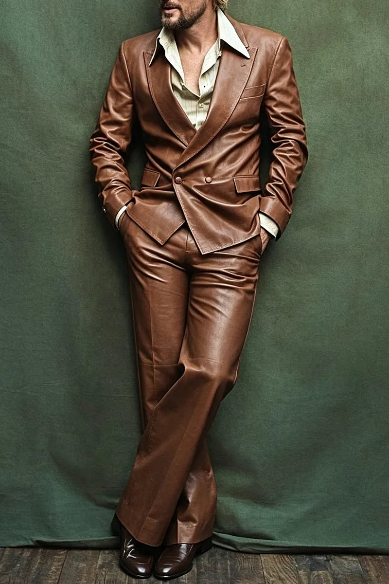 Retro  70s Retro Cognac Brown Double©\Breasted Leather Blazer