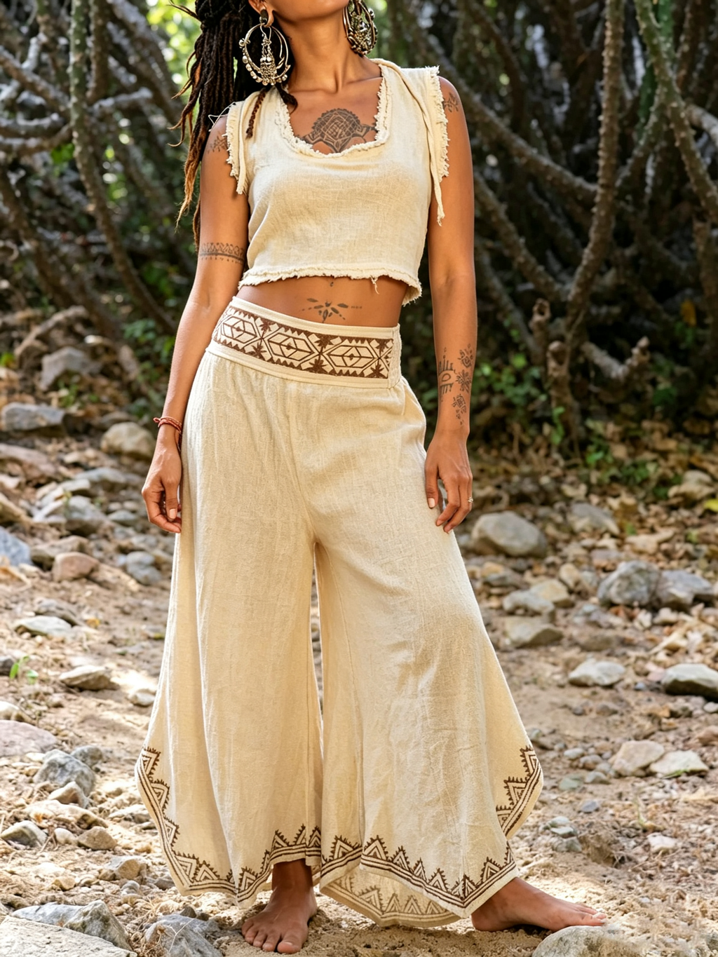 Cotton Crop Top With Lace Up Back - Natural Boho Tank