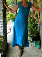 Asymmetric Midi Dress with Cutout Cape and Patchwork Detail