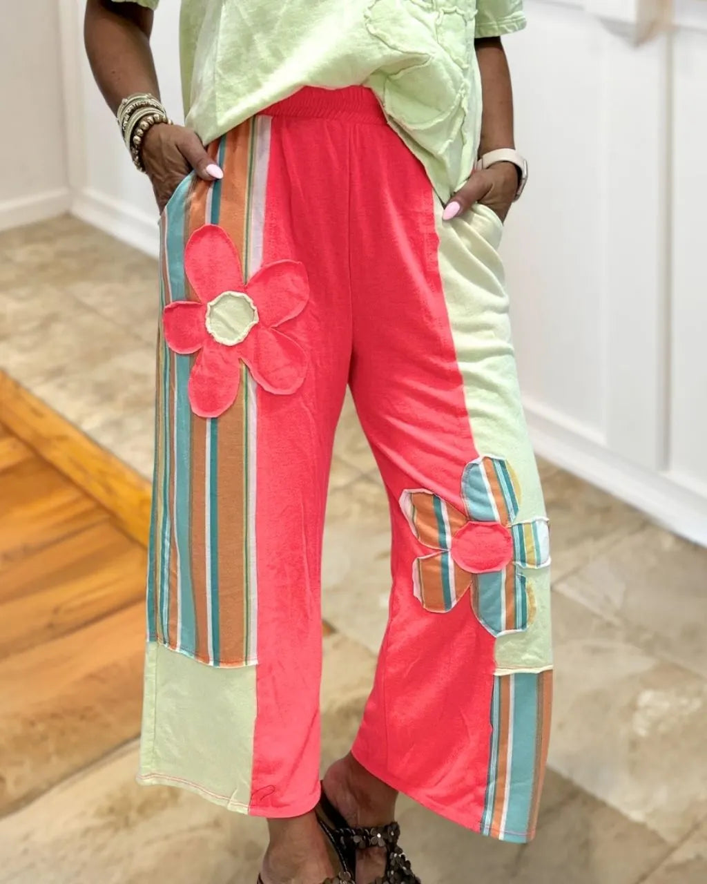 Floral Patch Color-blocked Pants