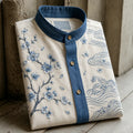 Men's Retro Sakura & Ocean Wave Oriental Style Casual Shirt
