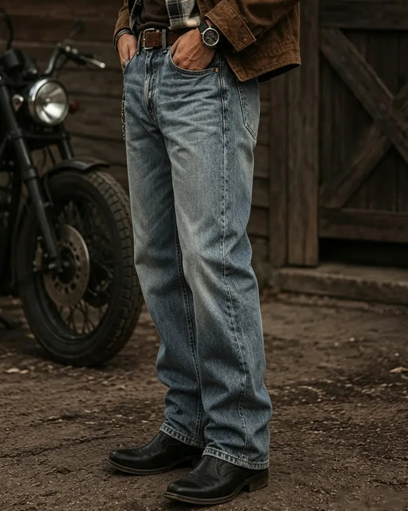 Vintage Faded Medium©\Wash Relaxed Bootcut Western Biker Denim Jeans