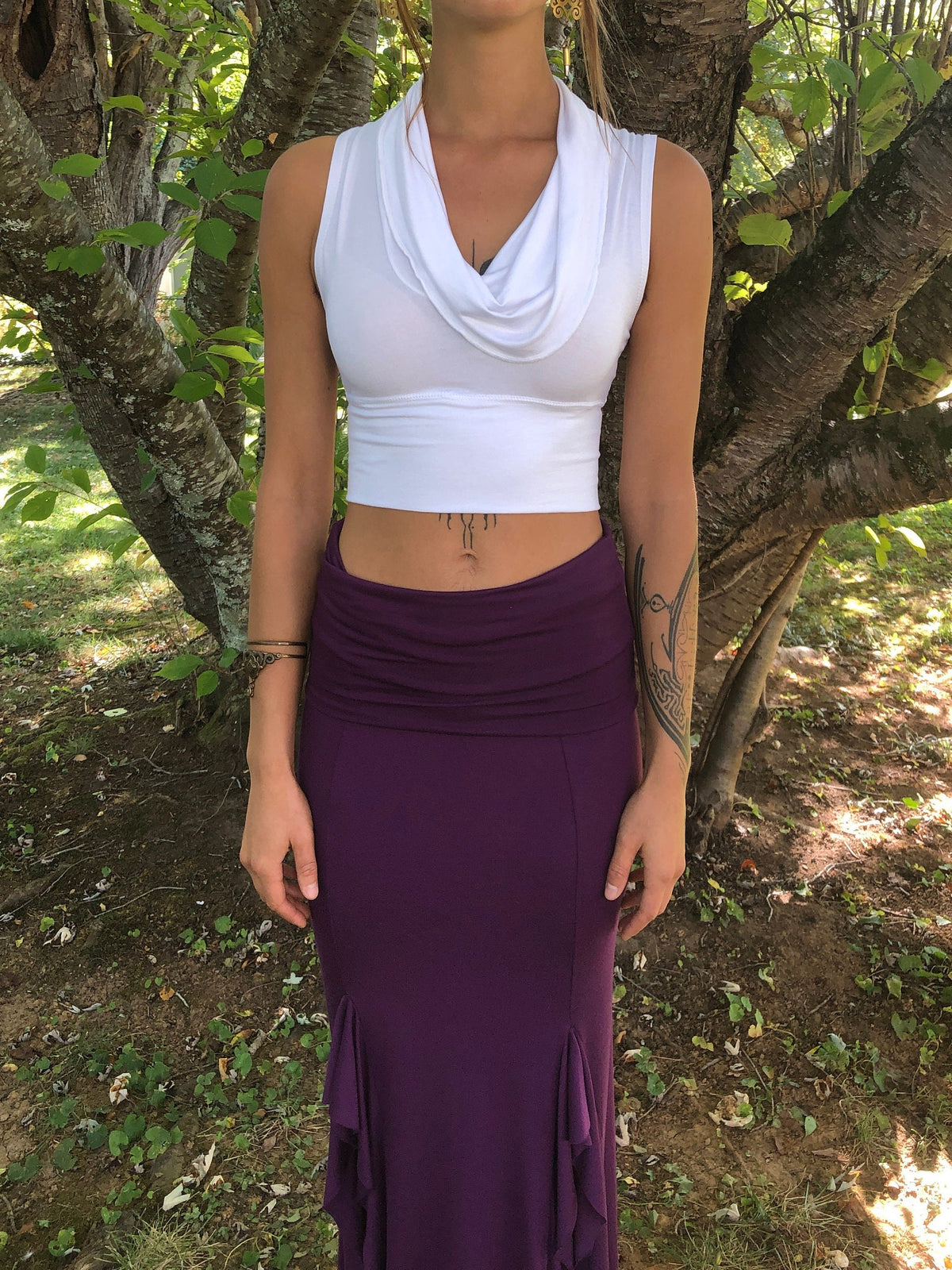 Cowl Neck Crop Top, Festival Boho Top, Stretch Knit. Sleeveless, Racer Back