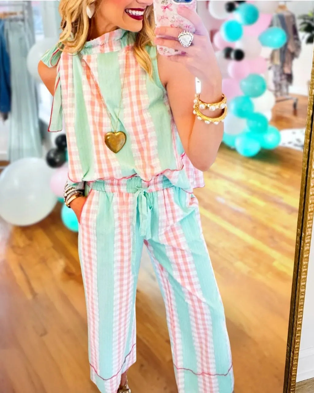 Color-block Plaid Casual Set