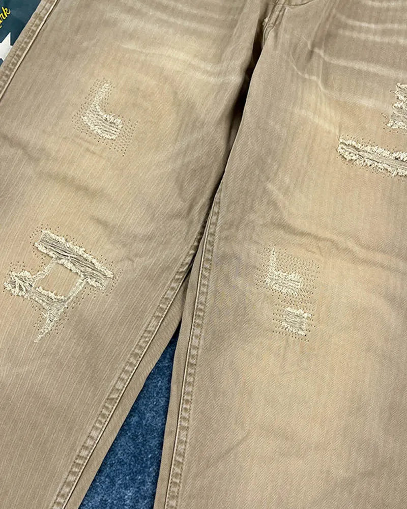 Vintage Khaki Herringbone Twill Straight Military Trousers