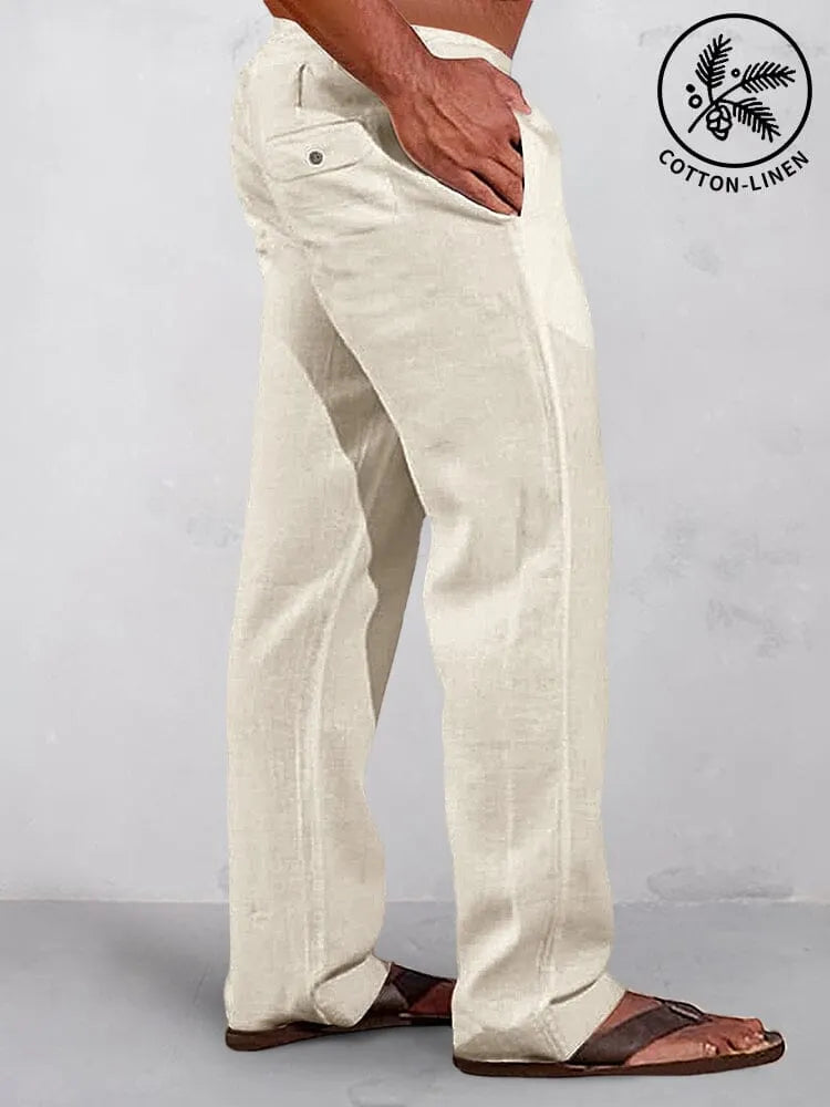 Casual Solid Elastic Waist Cotton Linen Straight Pants
