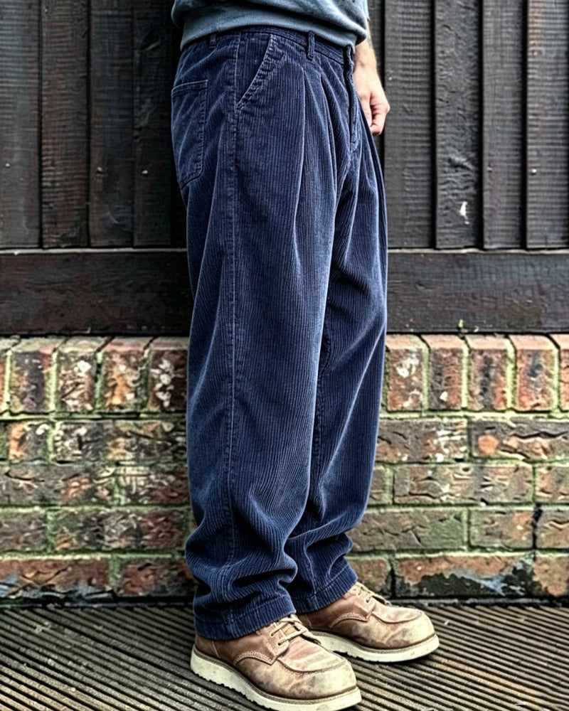Vintage Dark Blue Corduroy Straight-leg Casual Pants