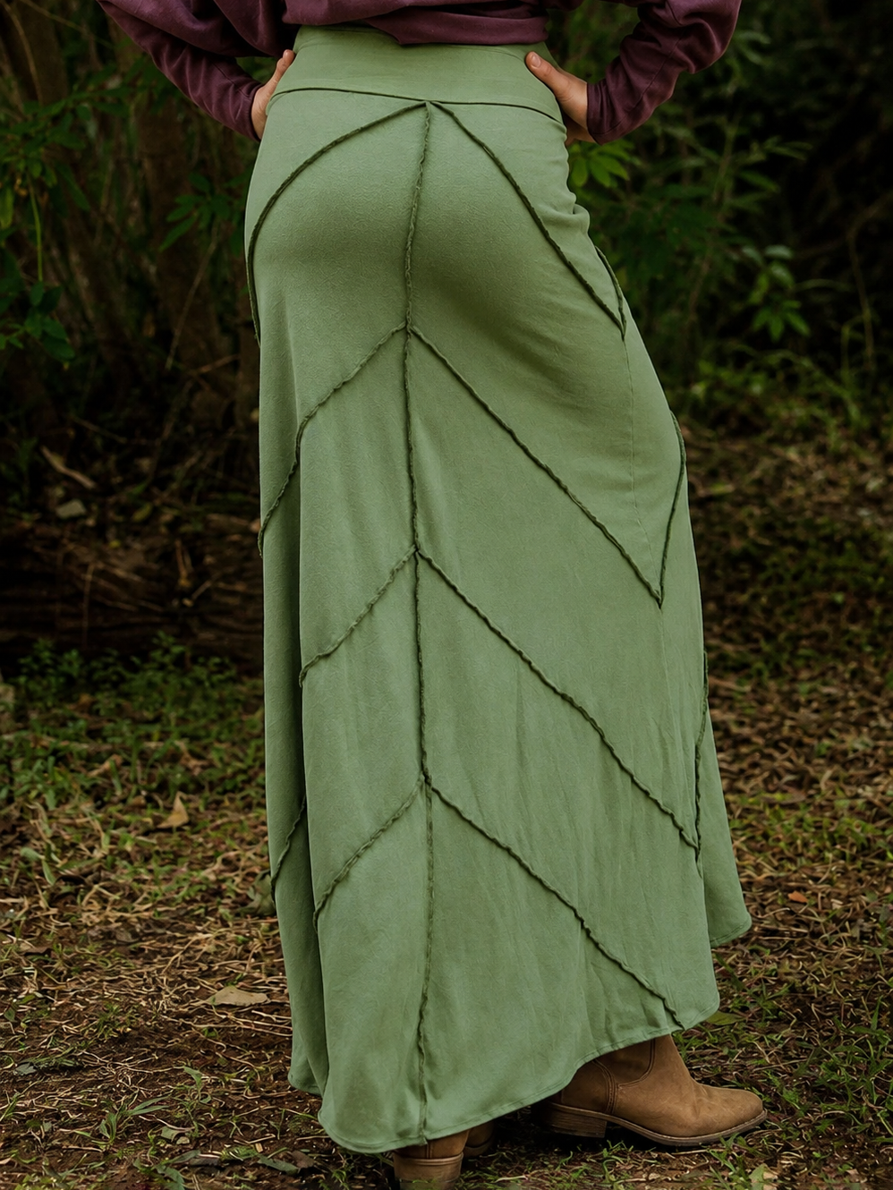 Twill Patchwork High-Waist Flared Maxi Skirt