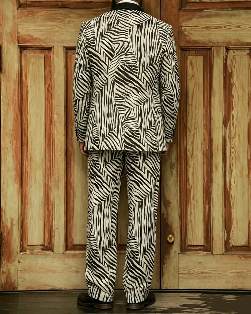 Retro Black And White Color-blocked Zebra Print Double-breasted 2-piece Suit