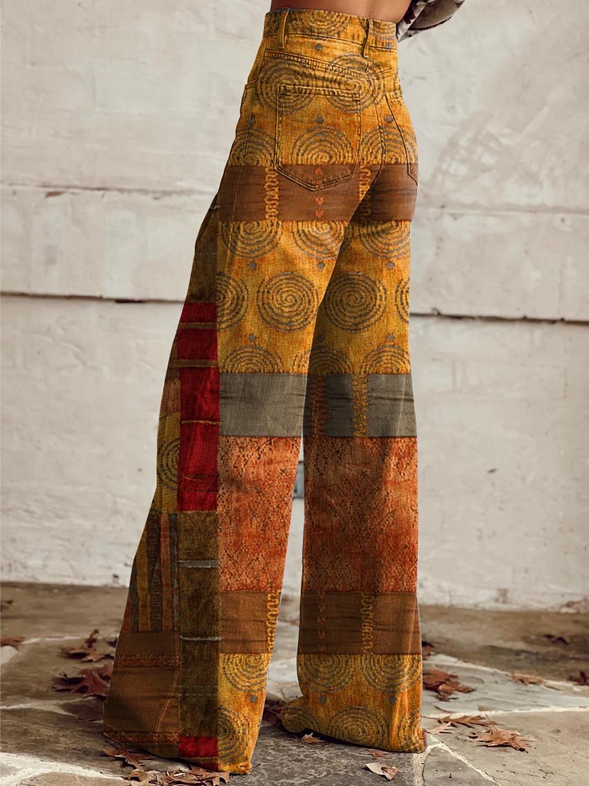 Women's Brown Panels Print Casual Wide Leg Pants