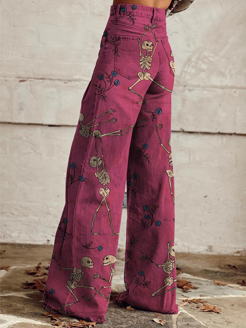 Women's Pink Skull Dance Print Casual Wide Leg Pants