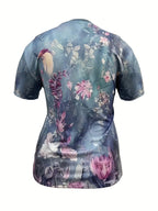 Plus Size Floral Print T-shirt, Casual Short Sleeve Crew Neck Top For Spring & Summer, Women's Plus Size Clothing