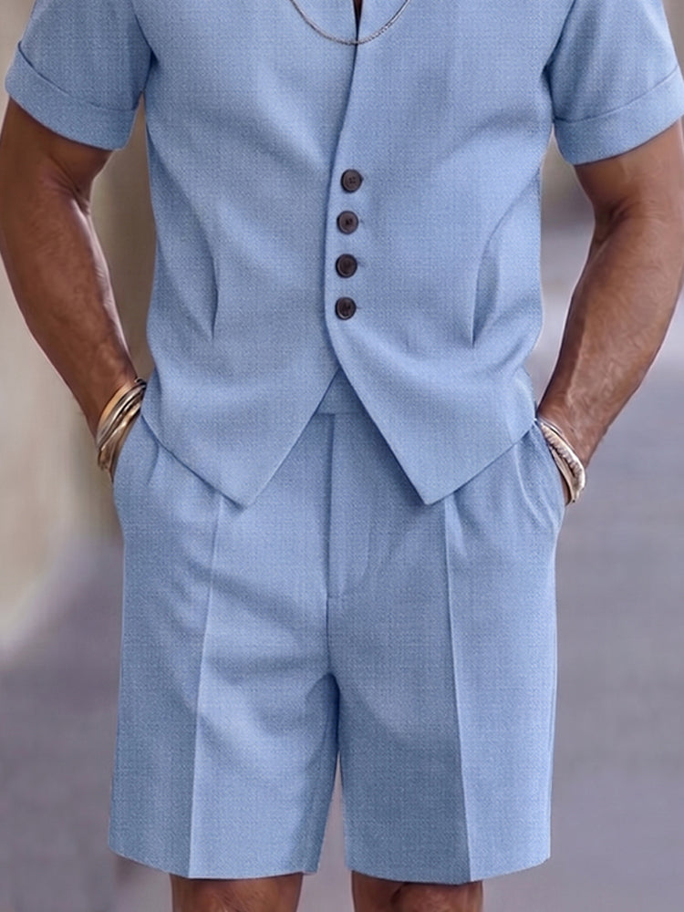 Refined Button Placket Short Sleeve Shirt Shorts Set