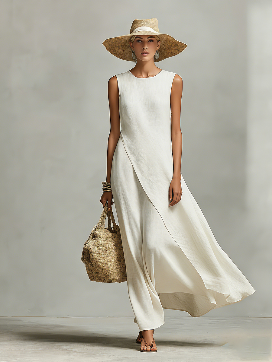 Sleeveless  Asymmetric Hem Ivory Breathable Linen Dress