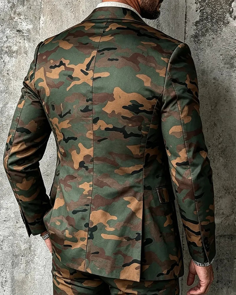Men's Green Camouflage Print Single-breasted 2-piece Suit
