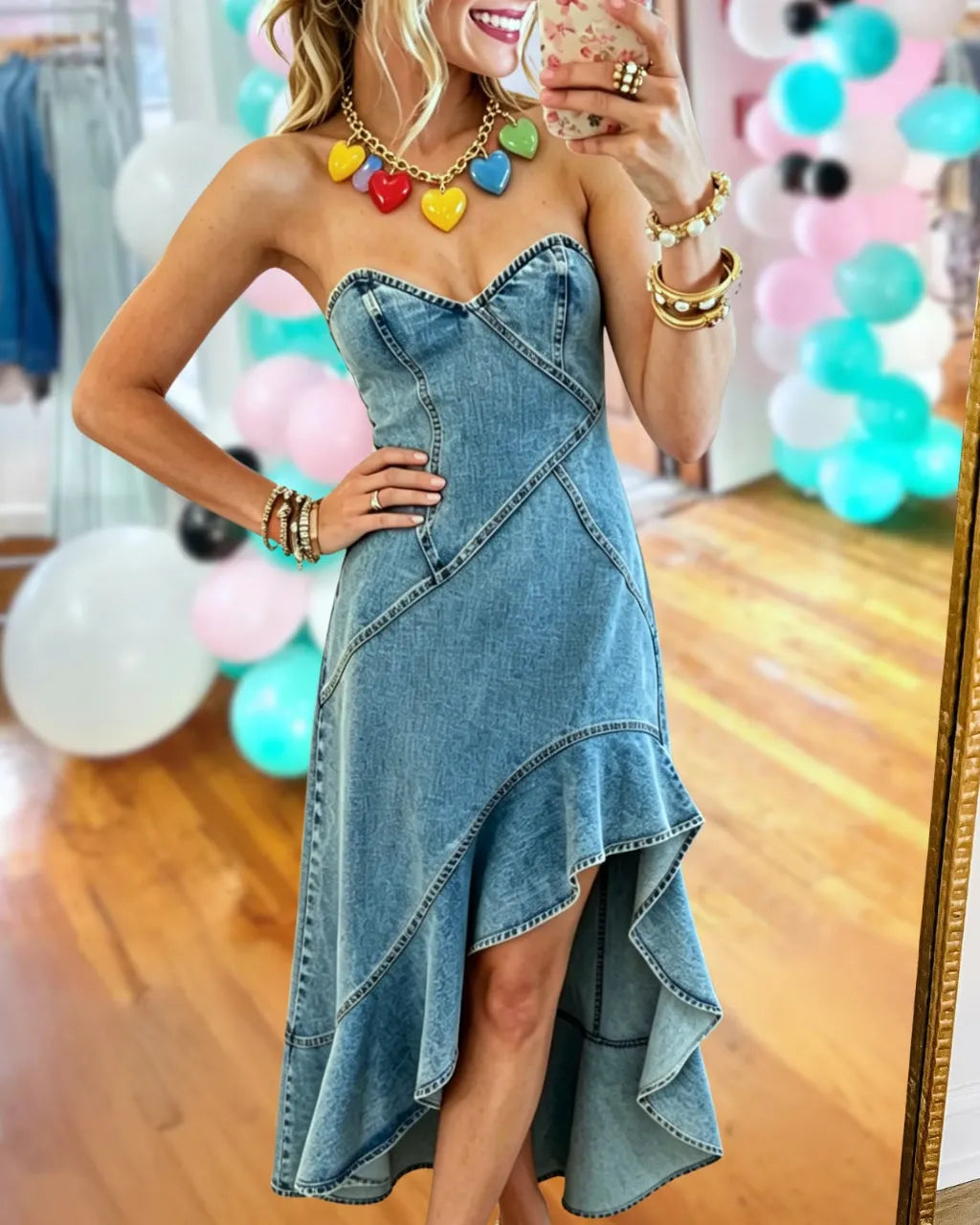 Ruffled Strapless Denim Dress