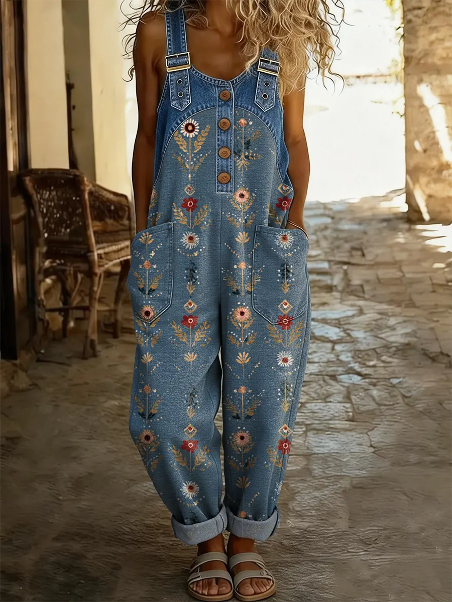Women's Vintage Floral Print Artistic Washed Cotton Denim Patchwork Jumpsuit