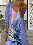 Women's Long Sleeve V-neck Graphic Printed Two Pieces Maxi Dress
