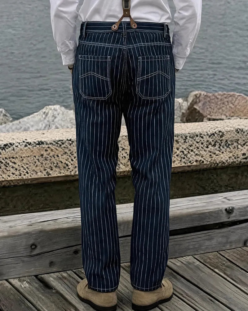 Vintage Indigo Striped Multi-pocket Cargo Pants