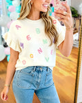 Letter Embroidered Ribbed Trim Top