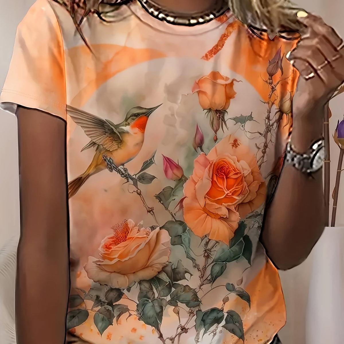 Floral & Bird Print T-shirt, Casual Short Sleeve Crew Neck Top, Women's Clothing