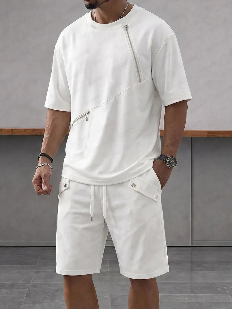 Athleisure Zipper Accent T-Shirt Shorts Set