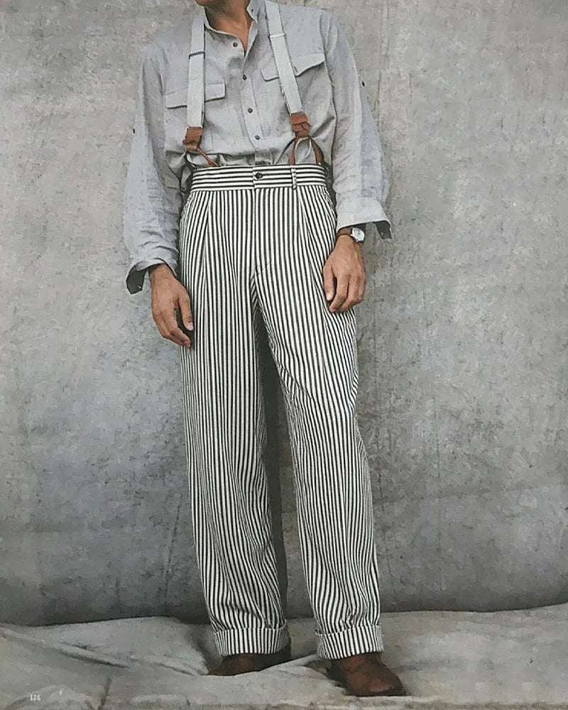 Vintage Black©\White Railroad©\Stripe High©\Waist Pleated Wide©\Leg Trousers