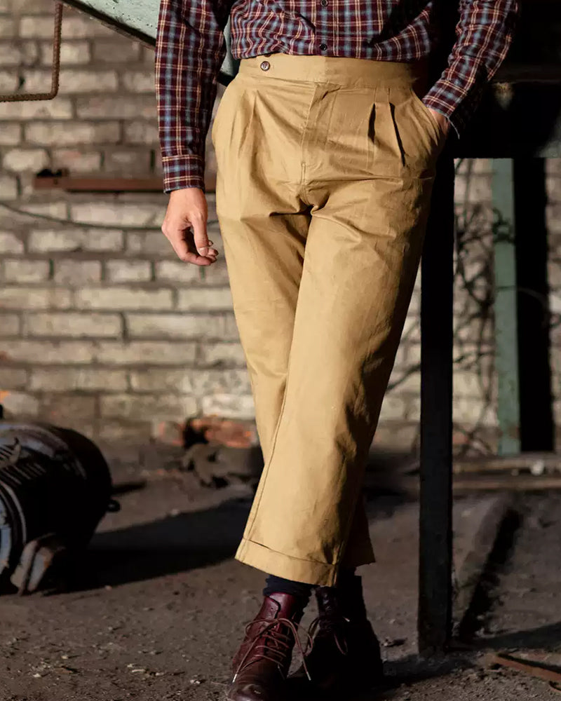 Vintage Khaki Cotton Twill High©\Waist Trousers