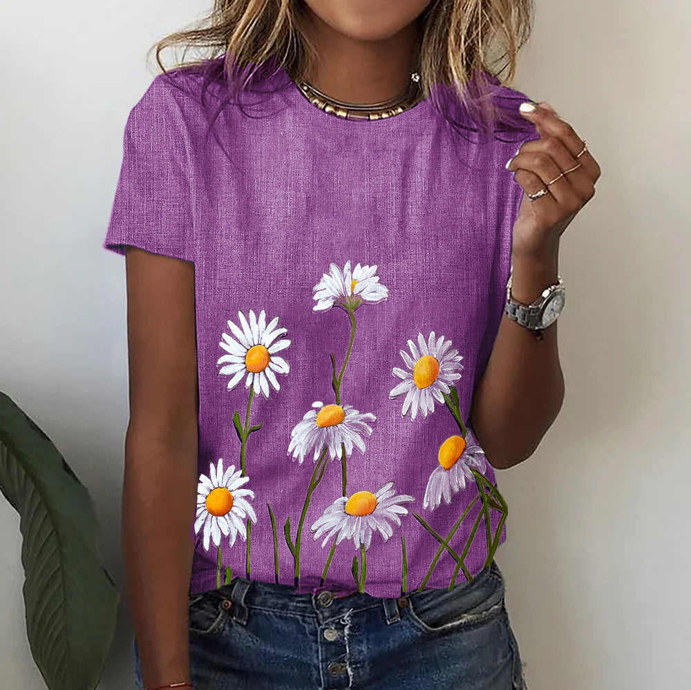 Floral Round Collar Print Pullover T-Shirt