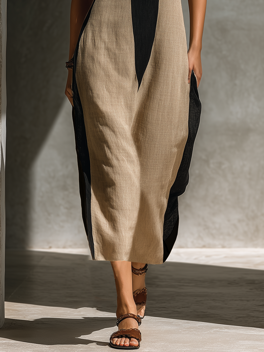 Keyhole Cutout & Color Block Cotton Blend Halter Neck Midi Dress