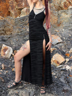 Stripe Maxi Dress, Adjustable Spaghetti Straps, Thigh Slits