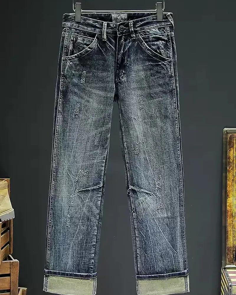 Vintage Blue-gray Distressed Ripped Jeans