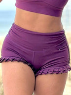 Plum Ruffle Yoga Shorts: High Waist or fold top stretchy cotton women's shorts