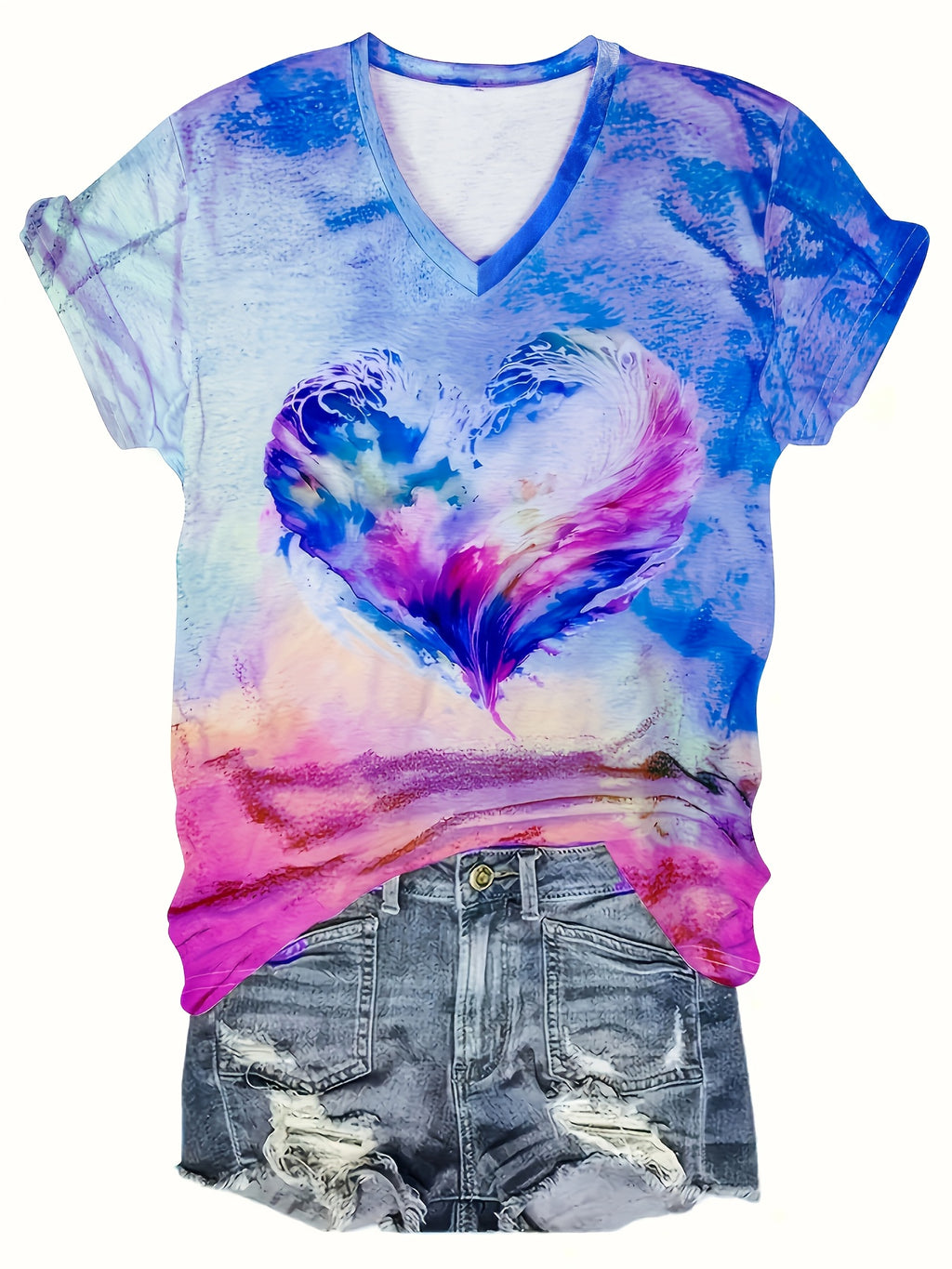 Heart Print V Neck T-Shirt, Casual Short Sleeve T-Shirt For Summer, Women's Clothing