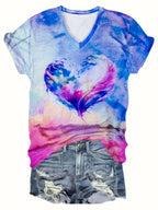 Heart Print V Neck T-Shirt, Casual Short Sleeve T-Shirt For Summer, Women's Clothing