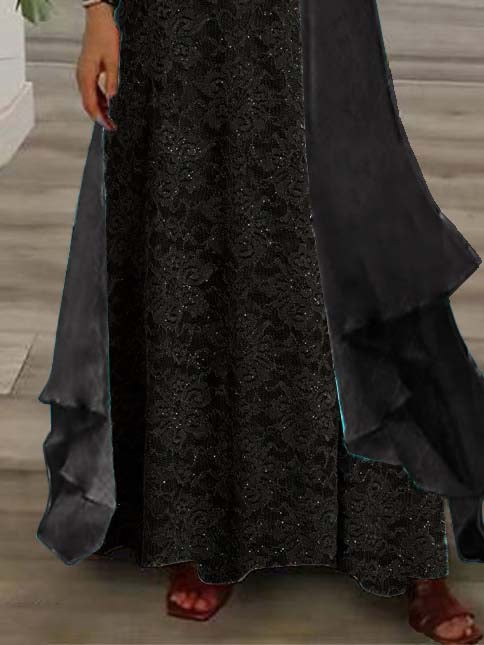 Nextmacys-Women's Long Sleeve V-neck Graphic Printed Two Pieces Maxi Dress