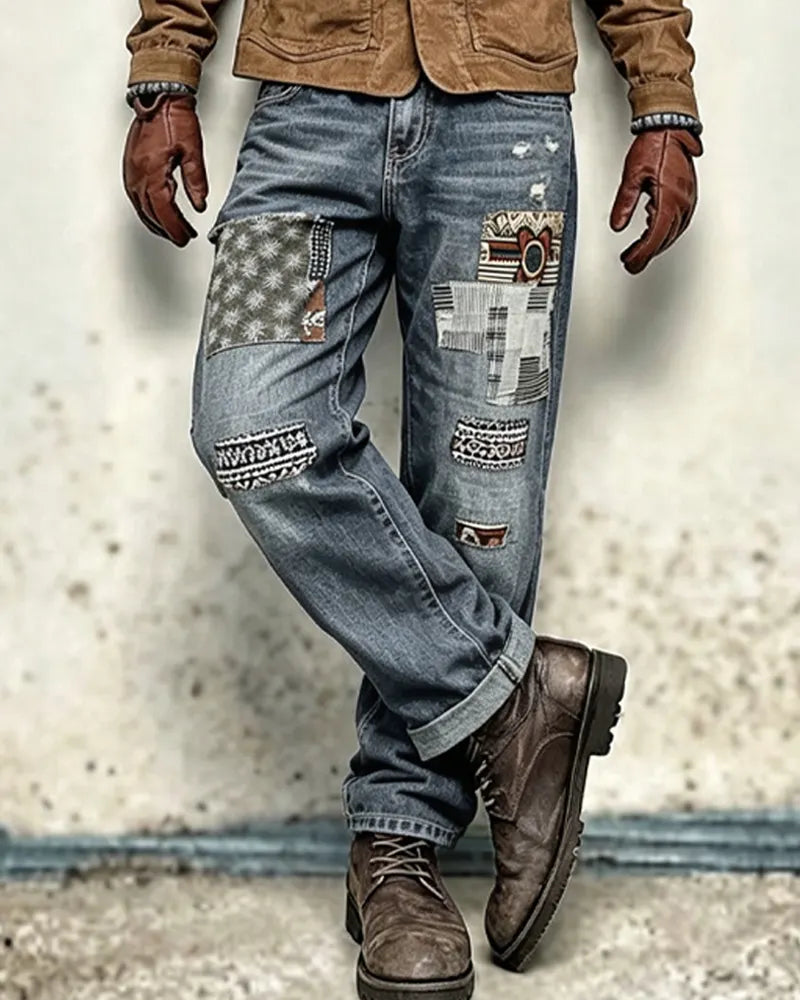 Vintage Medium©\Blue Ethnic©\Print  Artisan Distressed Denim Jeans