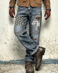 Vintage Medium©\Blue Ethnic©\Print  Artisan Distressed Denim Jeans