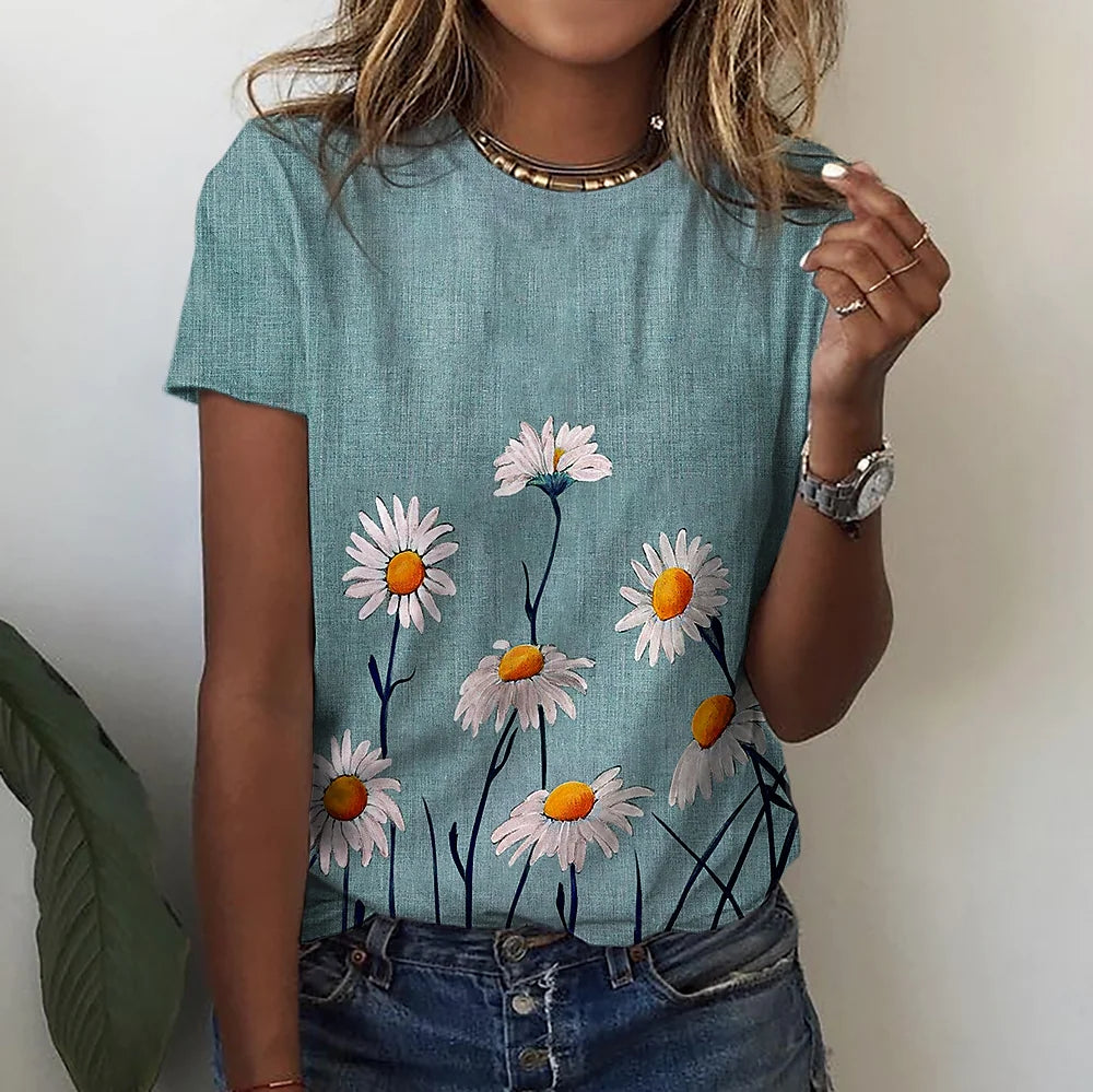 Floral Round Collar Print Pullover T-Shirt