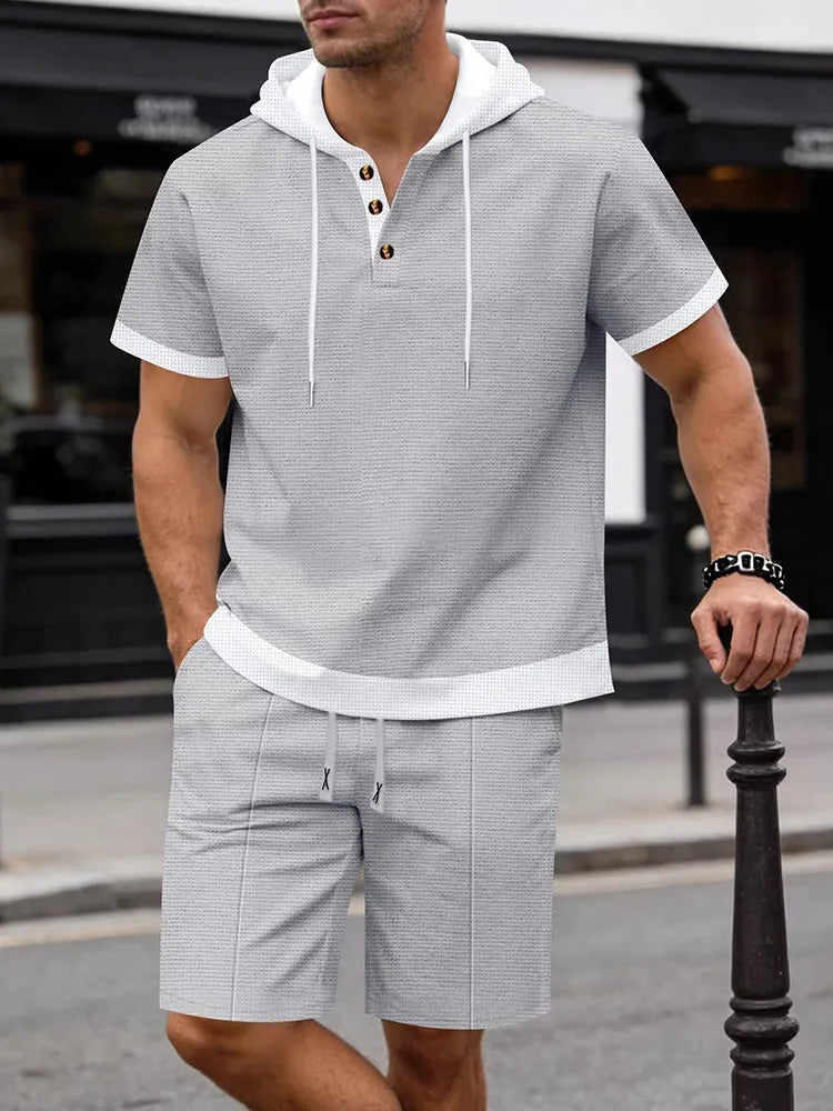 Waffle Knit Hoodie 2-Piece Short Sleeve Set with Shorts