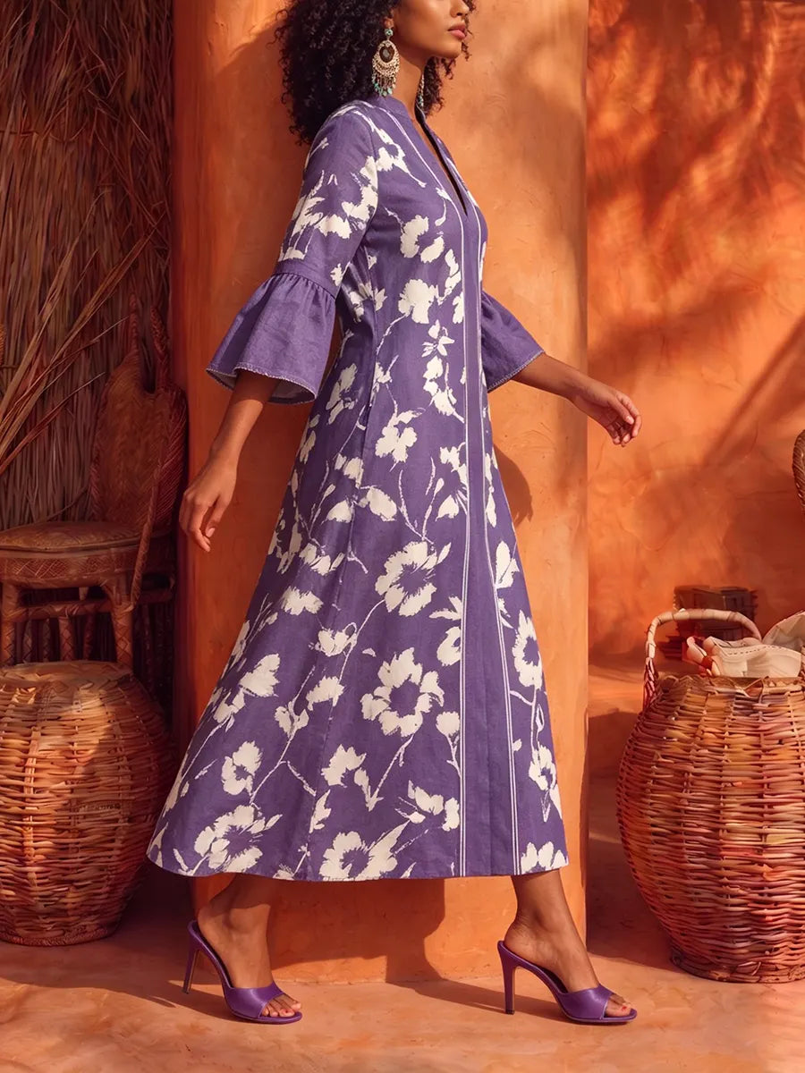 Elegant Vacation Floral Print Cotton-linen Dress