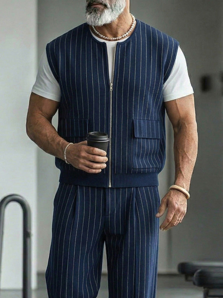 Urban Casual Pinstripe Zip Up Vest Pants Set